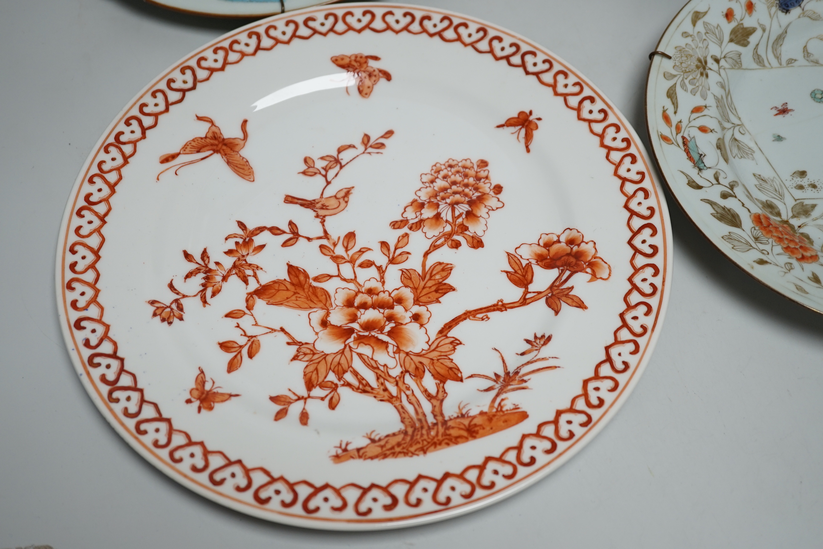 Three 18th Chinese export porcelain plates, 23cm and another plate U